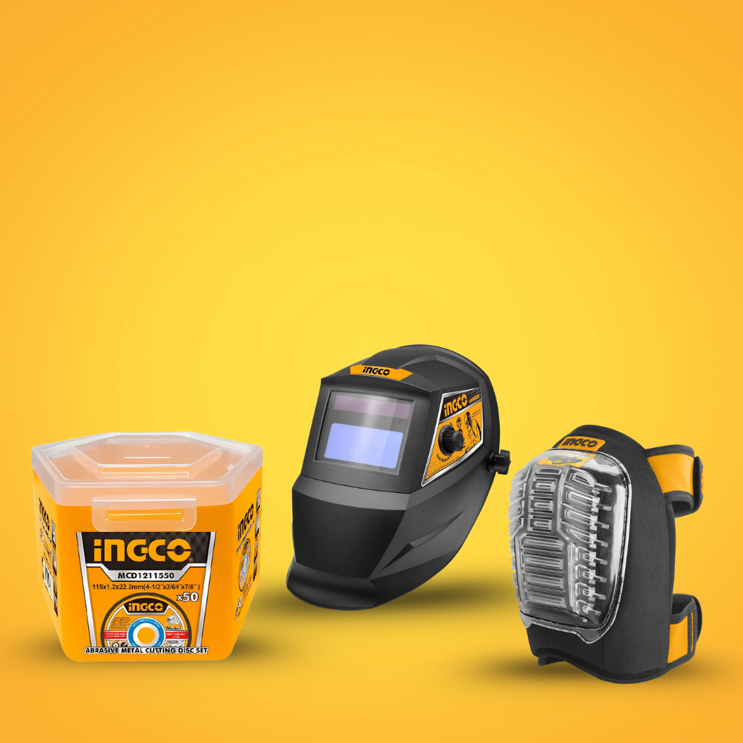 Welding Safety & Finishing Kit - Ingco Auto Darkening Welding Helmet with UV/IR Protection (AHM008),  50-Piece Abrasive INOX Metal Cutting Disc Set (115mm x 1.2mm), Safety Kneepads with Impact-Resistant Shell (HKPT0101)