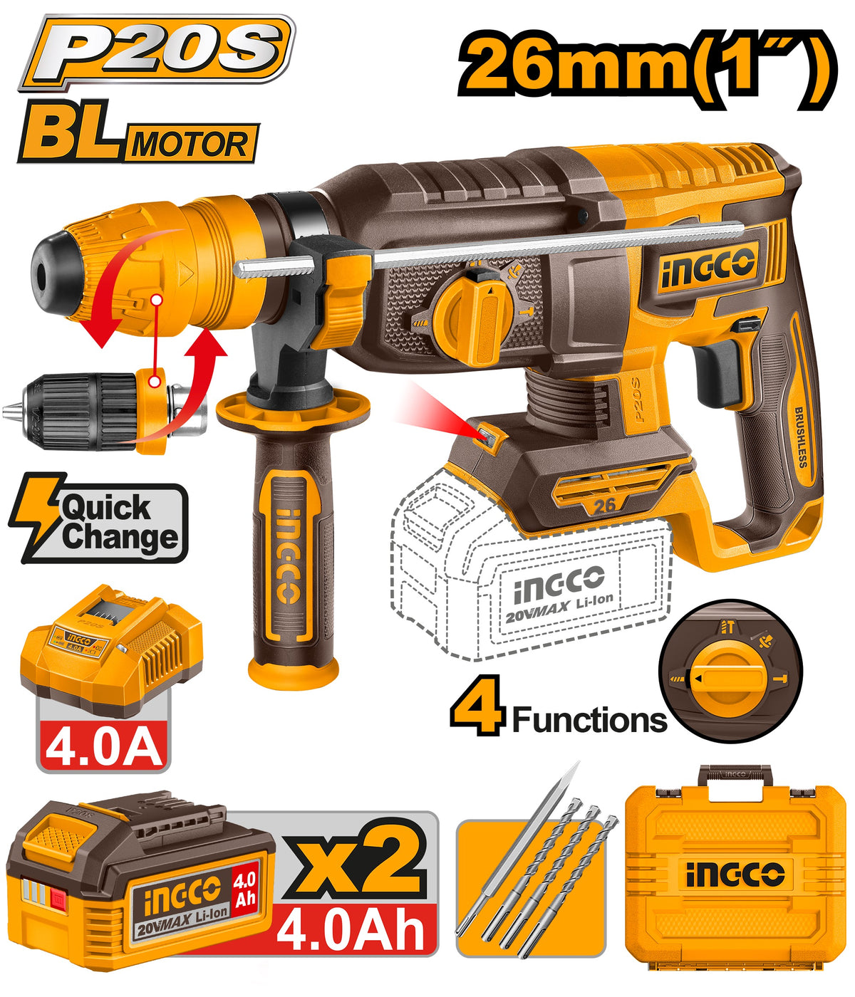 Ingco 20V Brushless Cordless SDS Plus Rotary Hammer Kit with 2.5J Impact Energy, 2 × 4.0Ah Batteries & Charger - CRHLI202689