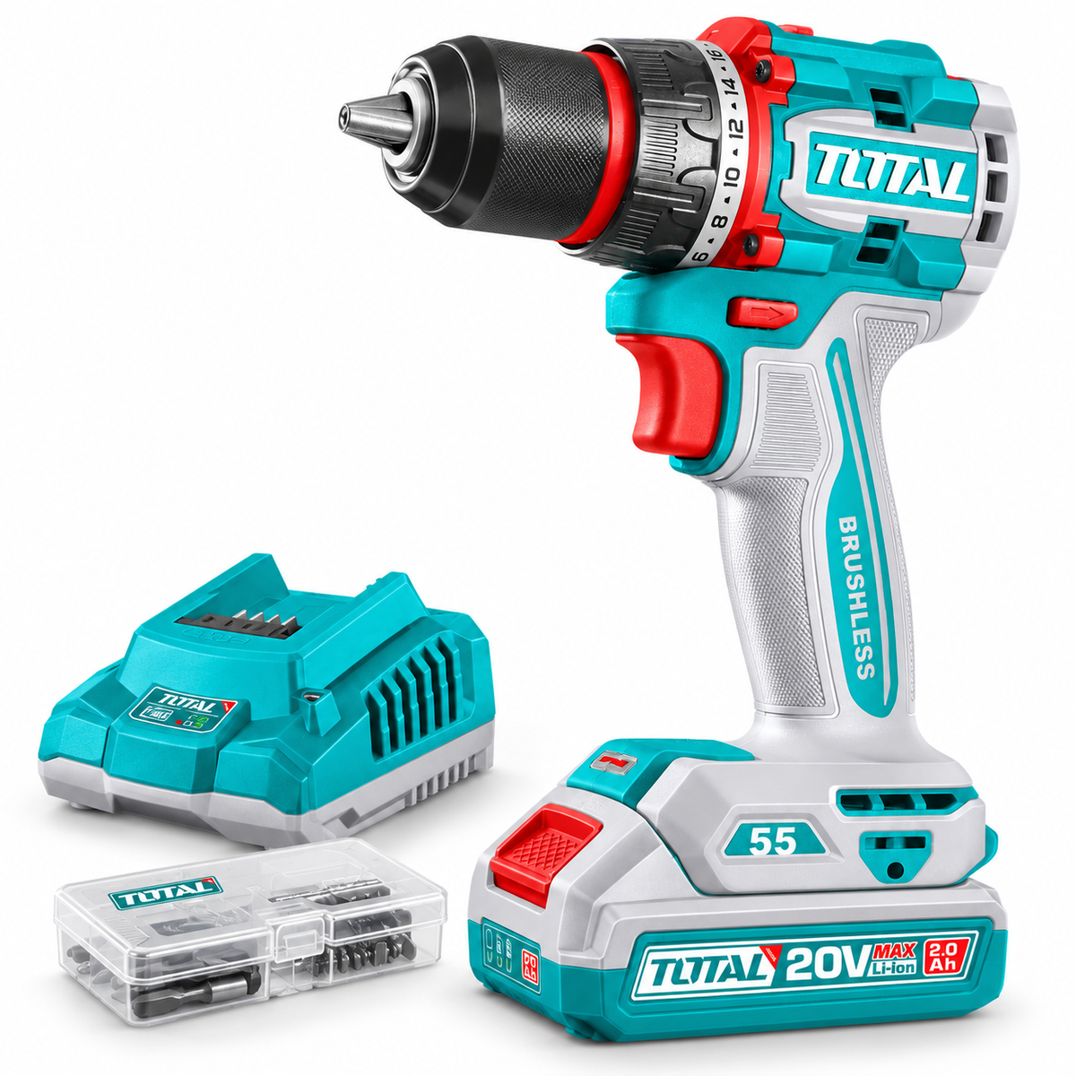 Total 20V Compact Brushless Cordless Drill Kit with 55Nm Maximum Torque - TDLI205582