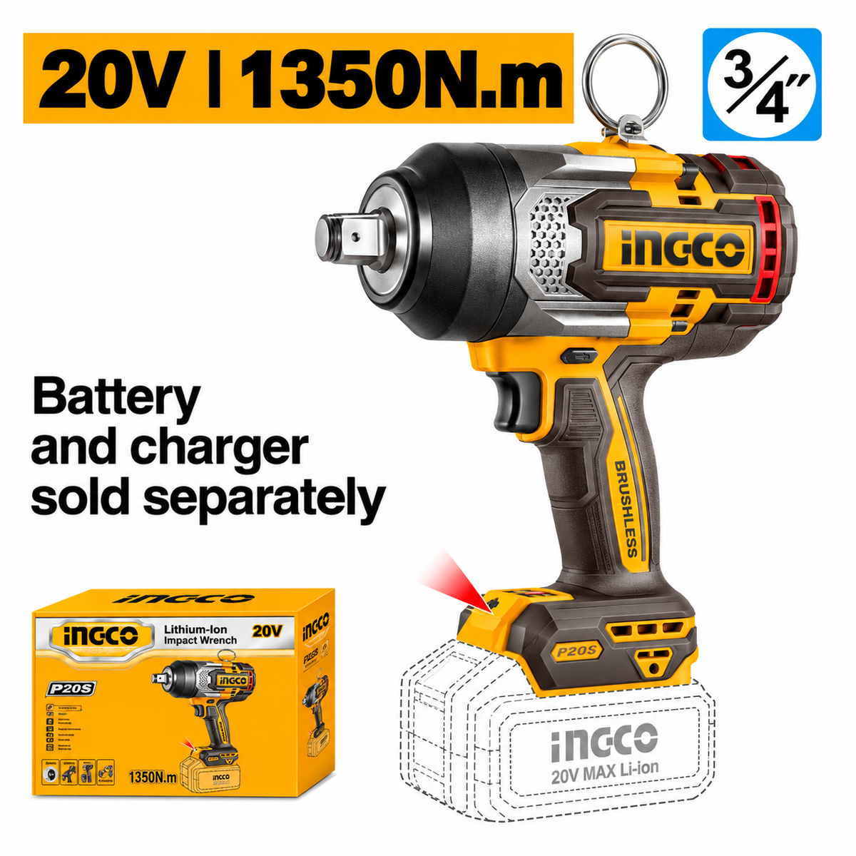 Ingco 20V Brushless Cordless Impact Wrench with 1,350Nm Fastening Torque - CIWLI201355
