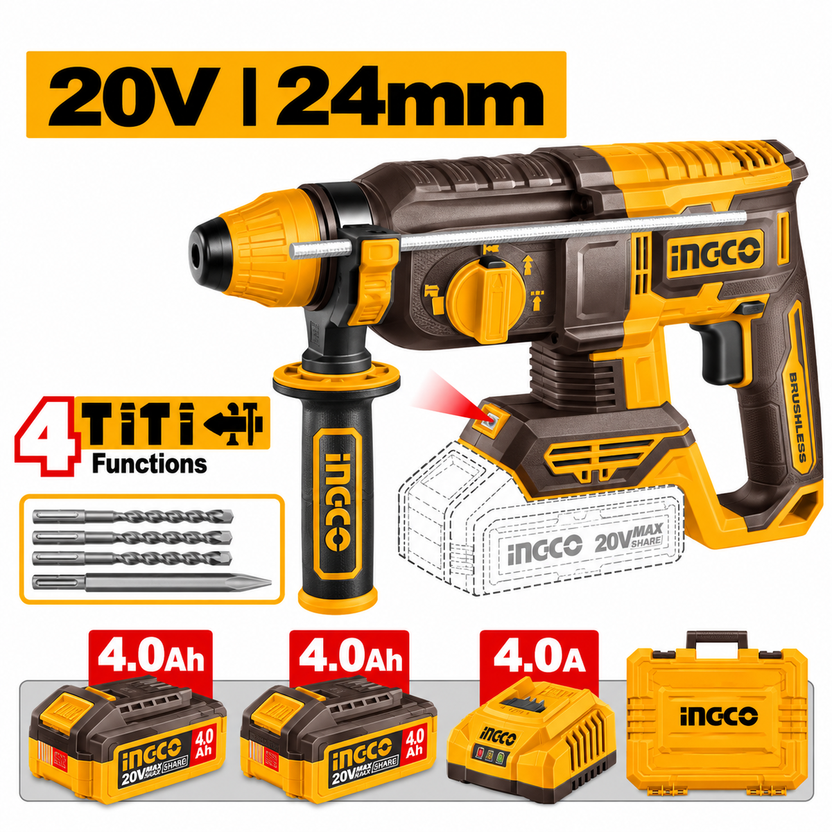 Ingco 20V Cordless SDS Plus Rotary Hammer Kit with 2.4J Impact Energy, 2 x 4.0Ah Batteries & Charger - CRHLI202482