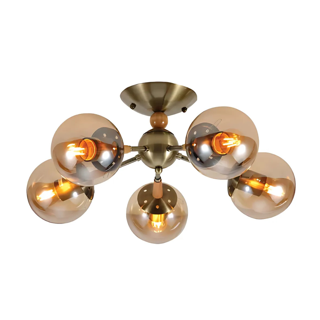 Amber 5 Lamp Globe Glass Vintage Retro Molecule Ceiling Light - 40W