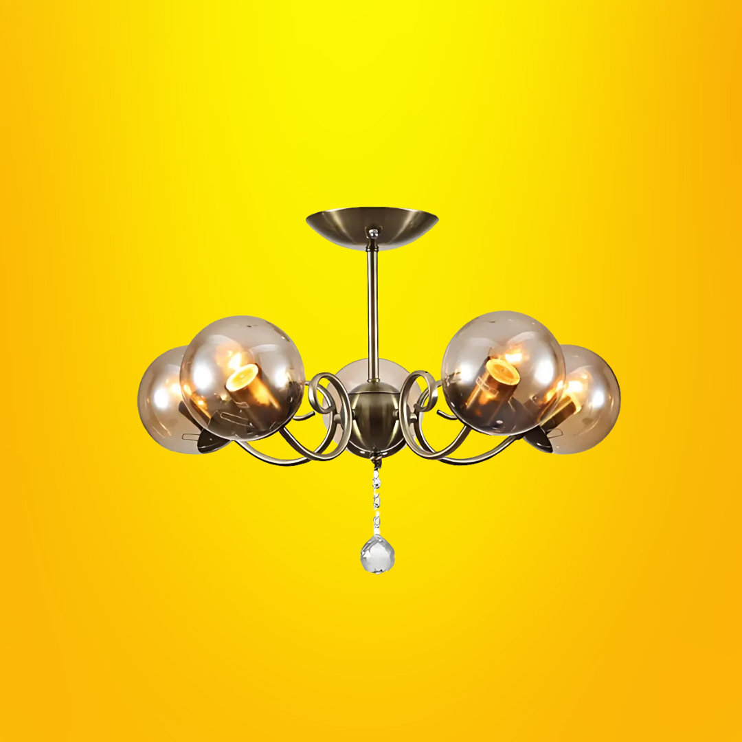 Amber 5 Lamp Globe Glass Vintage Retro Crystal Ceiling Light - 40W