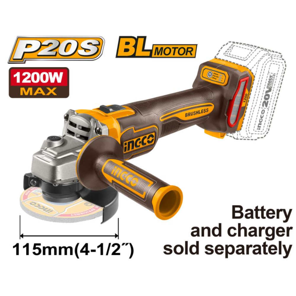 Ingco 20V Lithium-Ion 1200W Cordless Angle Grinder with Brushless Motor - CAGLI221153