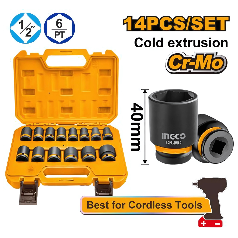 Ingco 14 Pieces 1/2" Impact Socket Set - HKISSD12141
