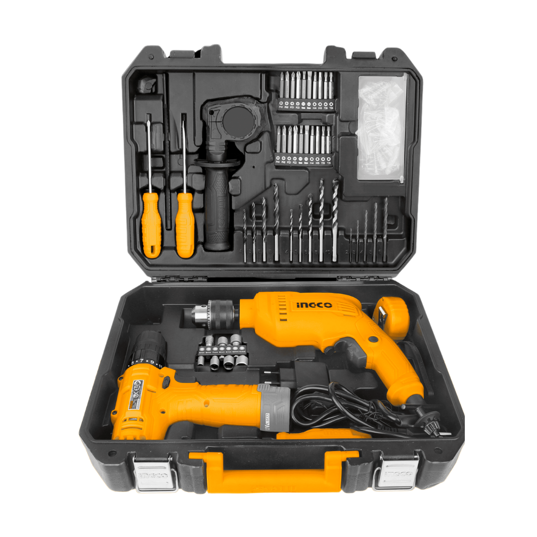 Ingco 108 Pieces Tools Set with 680W Hammer Impact Drill & 12V Li-ion Cordless Drill - HKTHP11081