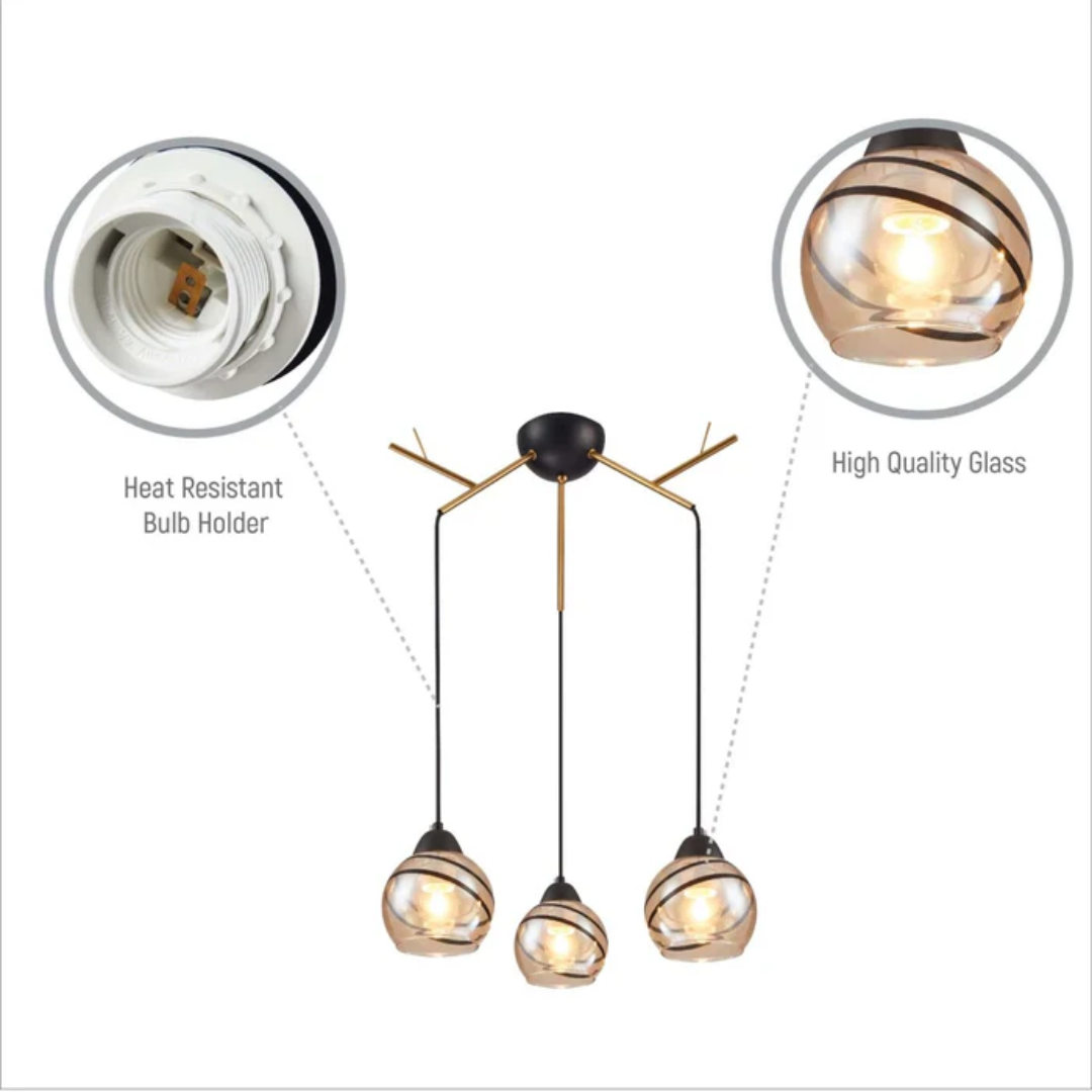 Amber Dome Glass Gold 3 Lamp Twig Modern Ceiling Light - 40W