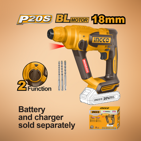 Ingco 20V Brushless Motor Cordless Rotary Hammer Drill - CRHLI20188