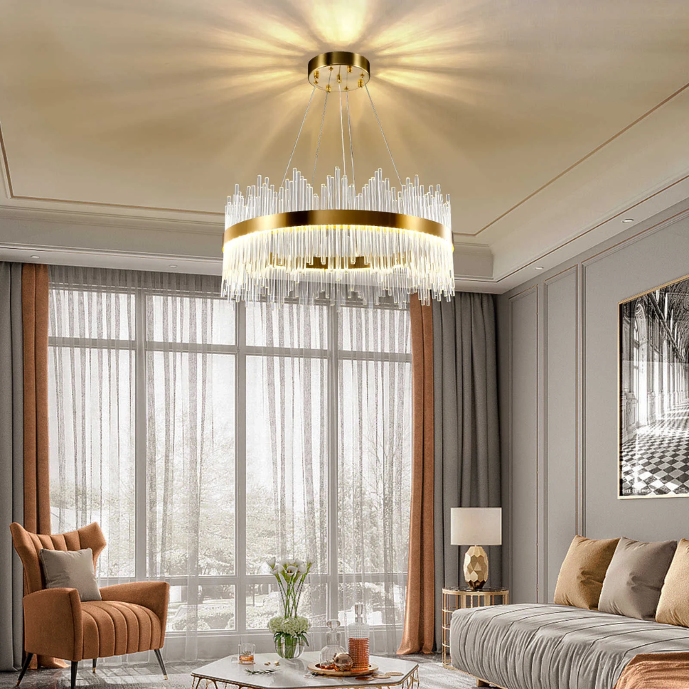 Modern Crystal Chandelier, Round Crystal Gold LED Hanging Ceiling Light - ESC-SJD-A-800