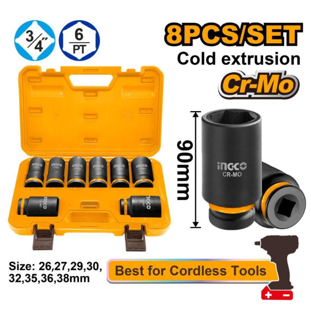 Ingco 8 Pieces 3/4" Deep Impact Socket Set - HKISSD34082L