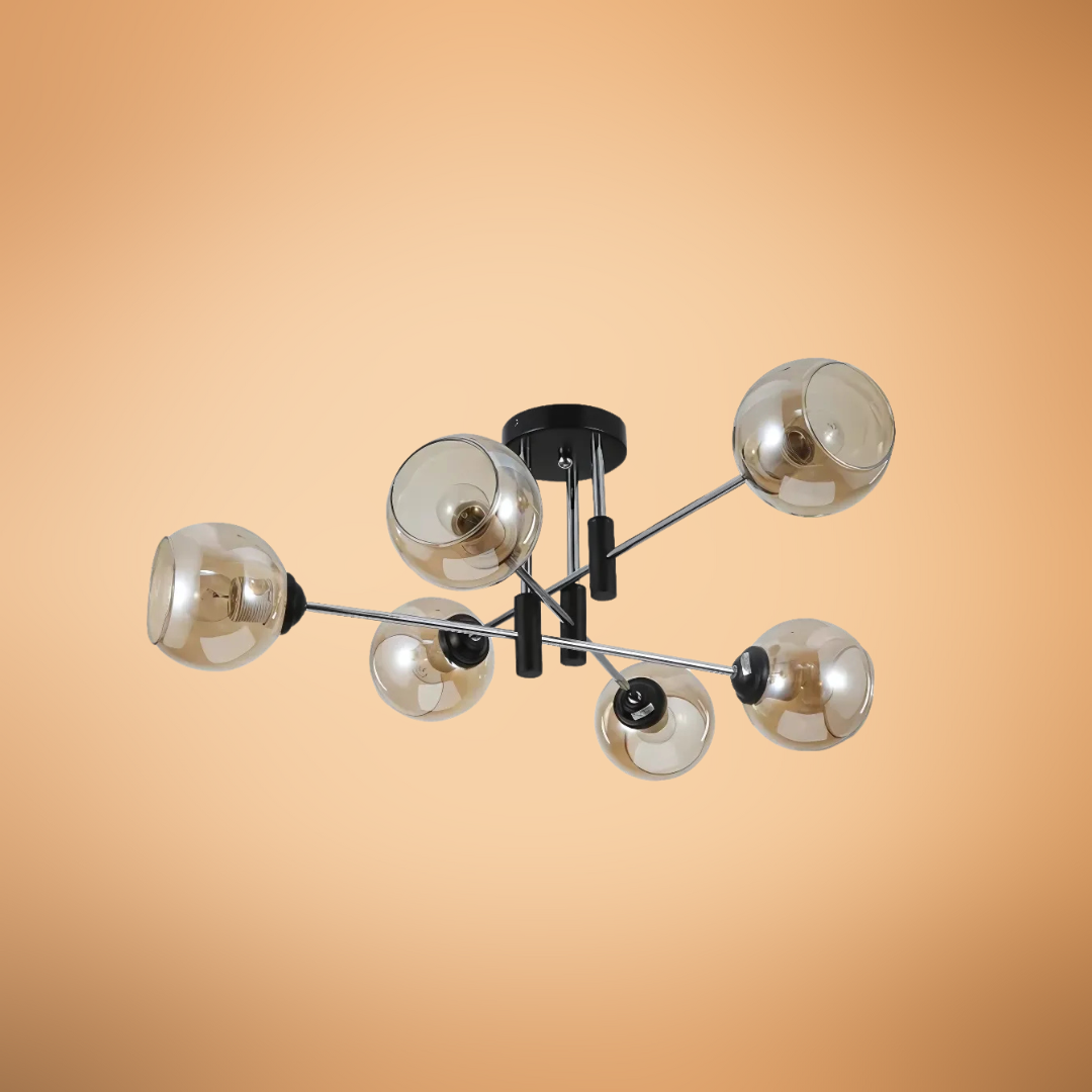 Amber 6 Lamp Glass Globe Chrome and Black Metal Semi Flush Ceiling Light - 60W