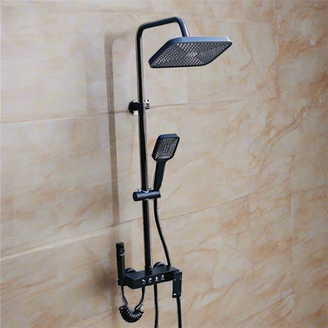 Black Wall Mounted Four-Function Rain Shower Set With Piano Key Shower System
