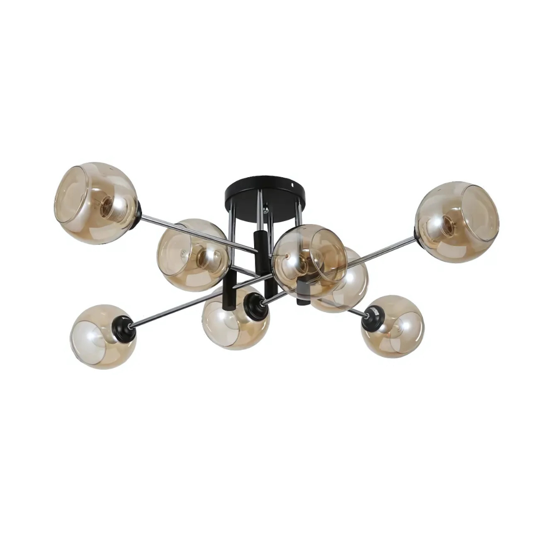 Amber 8 Lamp Glass Globe Chrome and Black Metal Semi Flush Ceiling Light - 60W