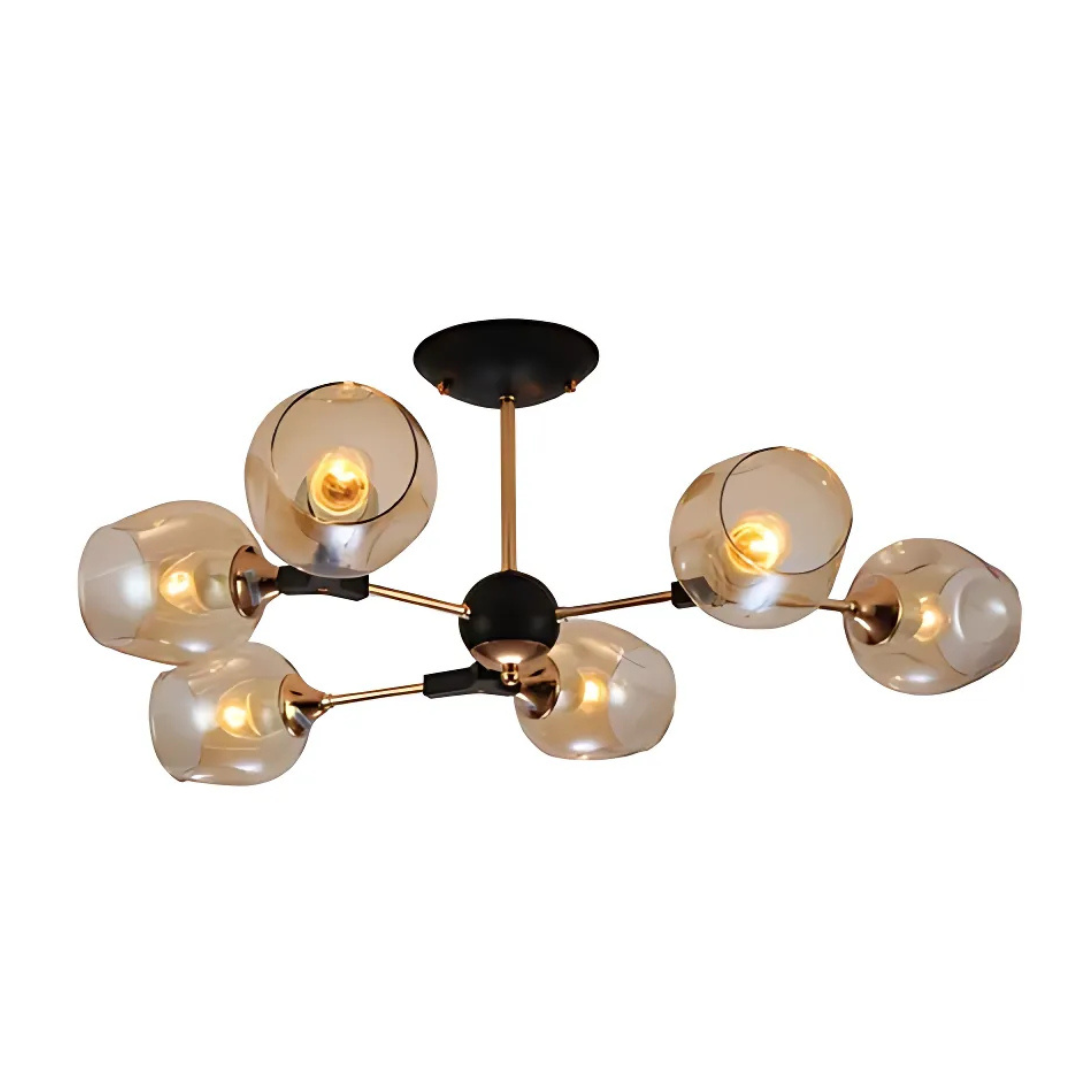 Amber Bell 6 Lamp Glass Sputnik Gold Semi Flush Ceiling Light - 40W