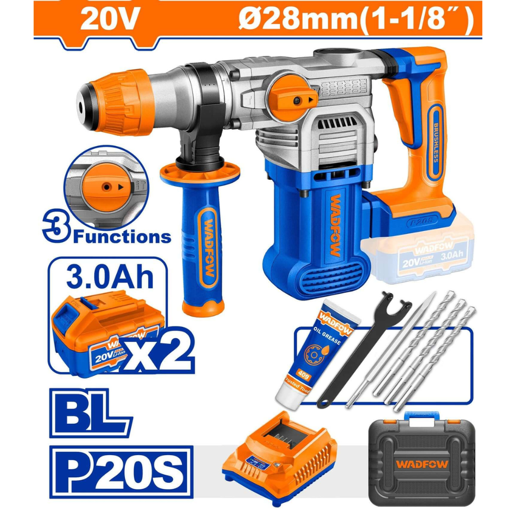 Wadfow 20V Cordless Rotary Hammer 28mm With Two Batteries - WLM1B282