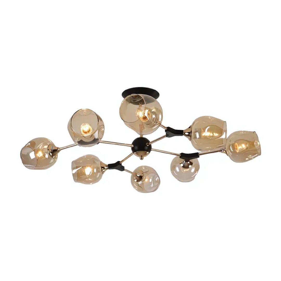 Amber Bell 8 Lamp Glass Sputnik Gold Semi Flush Ceiling Light - 40W