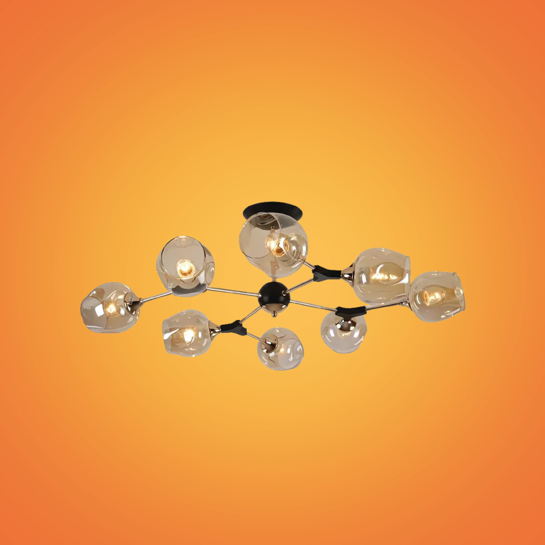 Amber Bell 8 Lamp Glass Sputnik Gold Semi Flush Ceiling Light - 40W