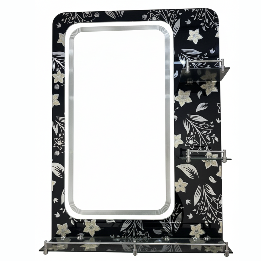 Dark Flower Bathroom Mirror with Triple Glass Shelf 50x70cm