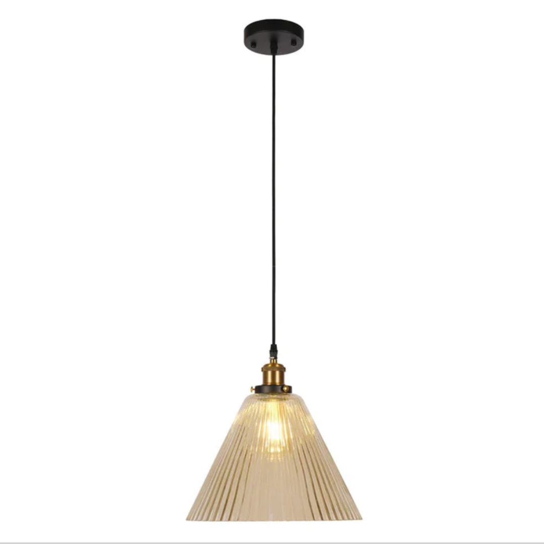 Funnel Reeded Fluted Striped Amber Glass Pendant Ceiling Light - 8618-1AM