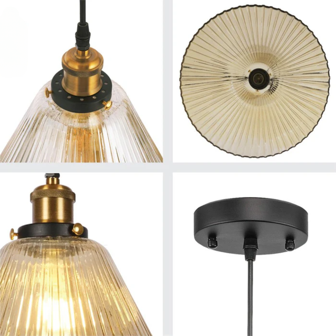 Funnel Reeded Fluted Striped Amber Glass Pendant Ceiling Light - 8618-1AM