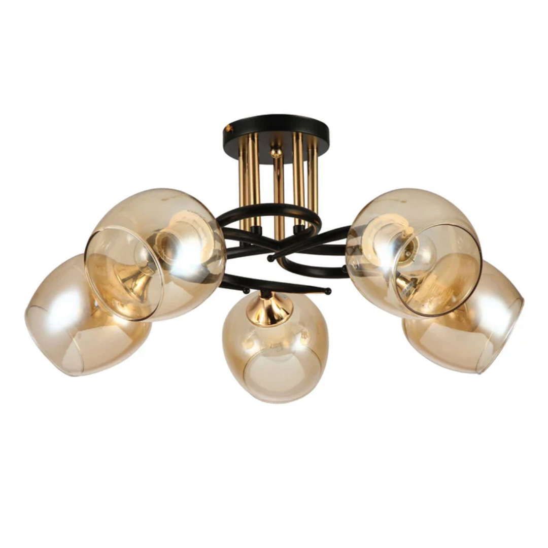 Amber Bell 5 Lamp Glass Black Gold Metal Semi Flush Ceiling Light - 60W