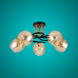 Amber Bell 5 Lamp Glass Black Gold Metal Semi Flush Ceiling Light - 60W