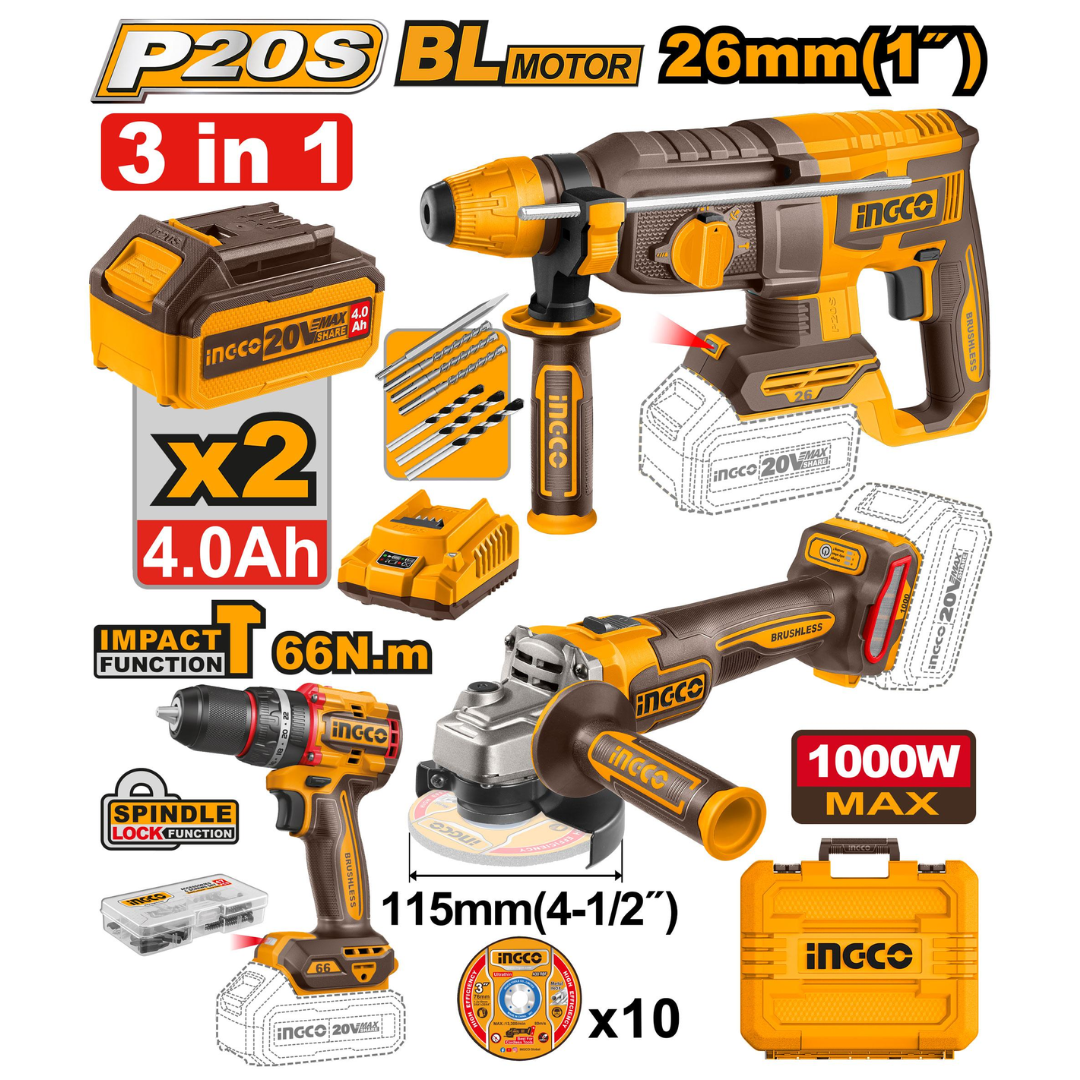 Ingco Lithium-Ion 3 Pieces Cordless Combo Kit - COSLI241198