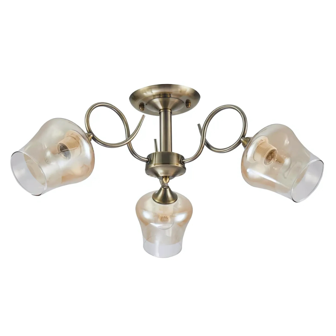 Amber Bell 3 Lamp Glass Antique Brass Metal Semi Flush Ceiling Light - 40W