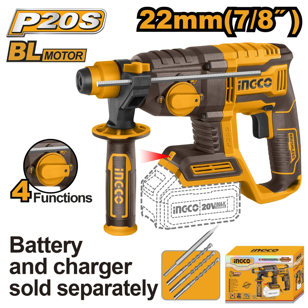 Ingco 20V Lithium-Ion Brushless Cordless Rotary Hammer -  CRHLI21228