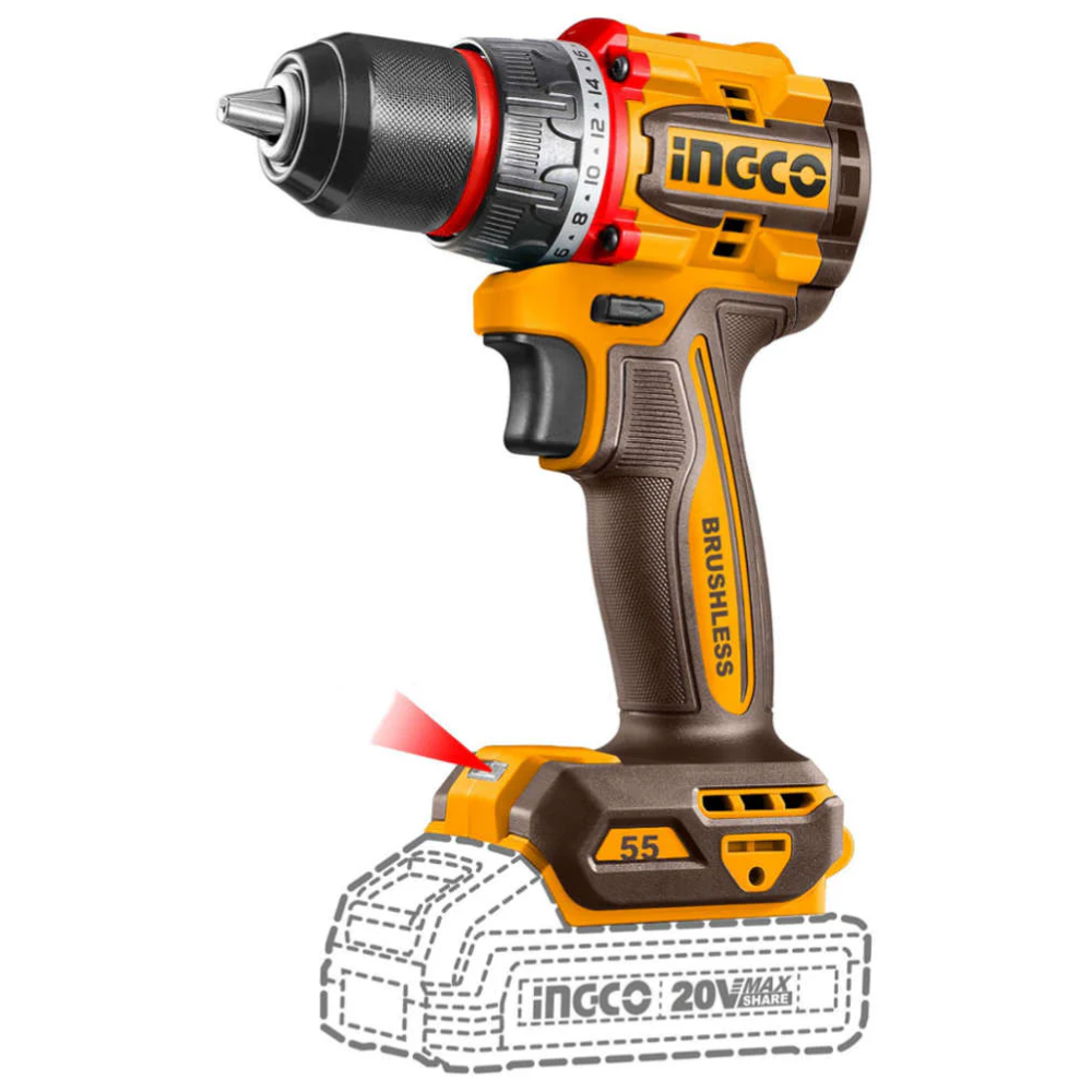 Ingco Lithium-Ion Compact Brushless Cordless Drill 20V With Battery And Charger - CDLI205582