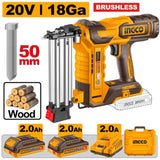 Ingco 20V Cordless Brad Nailer Kit for 15–50mm Nails with 2 x 2.0Ah Batteries & Charger - CBNLI500857