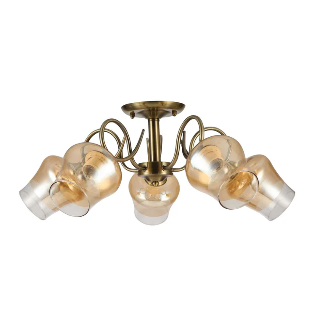 Amber Bell 5 Lamp Glass Antique Brass Metal Semi Flush Ceiling Light - 40W