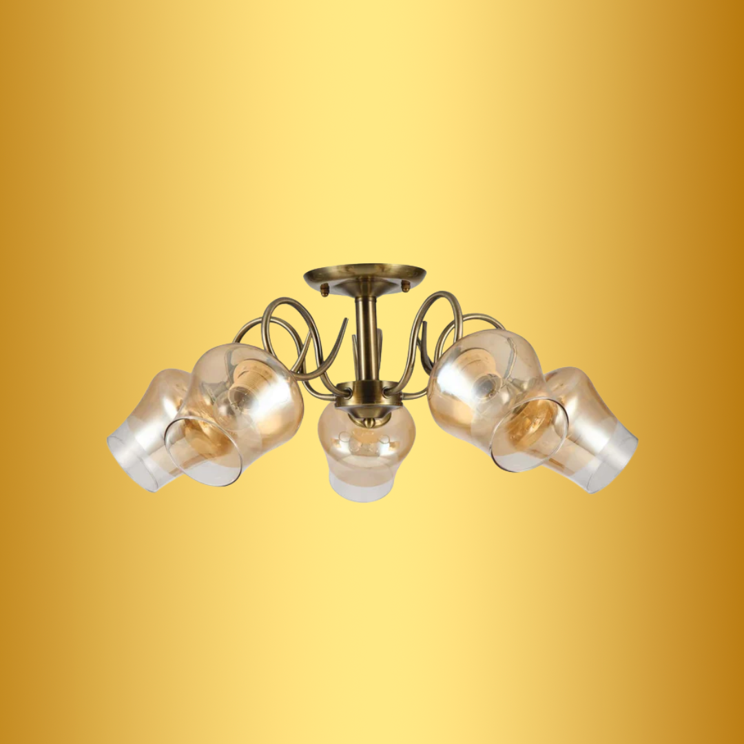 Amber Bell 5 Lamp Glass Antique Brass Metal Semi Flush Ceiling Light - 40W