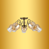 Amber Bell 5 Lamp Glass Antique Brass Metal Semi Flush Ceiling Light - 40W