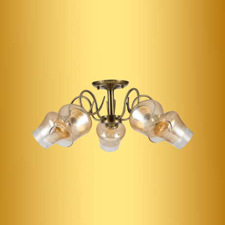 Amber Bell 5 Lamp Glass Antique Brass Metal Semi Flush Ceiling Light - 40W