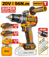 Ingco 20V Brushless Cordless Impact Drill Kit with 96Nm Maximum Torque, 2 x 4.0Ah Batteries & Charger - CIDLI209689
