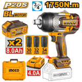 Ingco 20V Brushless Cordless Impact Wrench Kit with 1,750Nm Fastening Torque, 2 × 8.0Ah Batteries & Charger - CIWLI20175