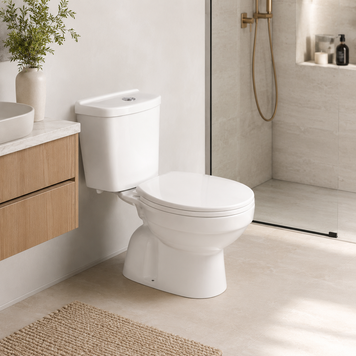 Wahkit Ceramic Standard Two-Piece Water Closet with Round Bowl, Curved-Top Tank & Floor Outlet 635mm - 2004S