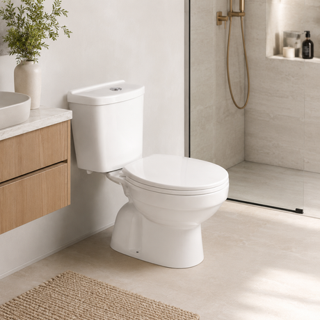 Wahkit Ceramic Standard Two-Piece Water Closet with Round Bowl, Curved-Top Tank & Floor Outlet 635mm - 2004S