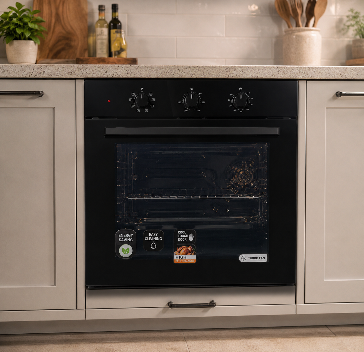 Luxell 60cm 88L Black Glass Built-In Manual Oven with Convection & Turbo Fan - A68-SF3