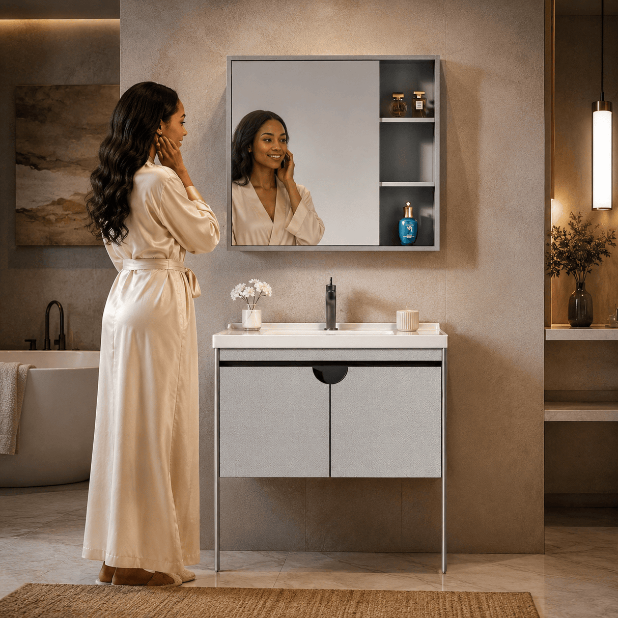 Wahkit Bathroom Vanity & Cabinets Wahkit Grey Ribbed Plywood Bathroom Vanity with Basin and Mirror 700mm - K-9087B