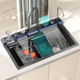 Black Modern Waterfall Kitchen Stainless Steel Sink 75x46x23cm One Bowl Sink With Tap Extendable And Accessories
