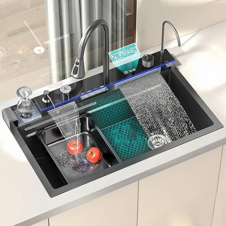 Black Modern Waterfall Kitchen Stainless Steel Sink 75x46x23cm One Bowl Sink With Tap Extendable And Accessories