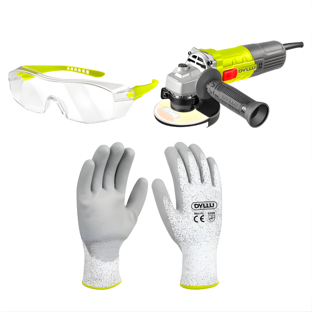 Dyllu Site-Standard Grinding Gear - Dyllu XL Cut Resistance Gloves - DTPG1805, Dyllu 710W Angle Grinder - DTAG15711, Dyllu Flank Protection Safety Goggles - DTSG1803