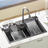 Black Modern Waterfall Kitchen Stainless Steel Sink 75x46x23cm One Bowl Sink With Tap Extendable And Accessories