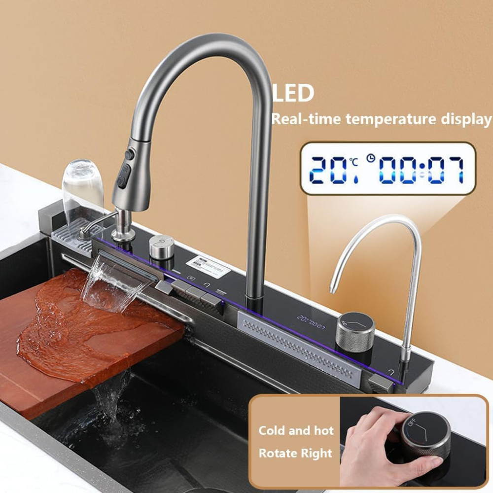 Black Modern Waterfall Kitchen Stainless Steel Sink 75x46x23cm One Bowl Sink With Tap Extendable And Accessories