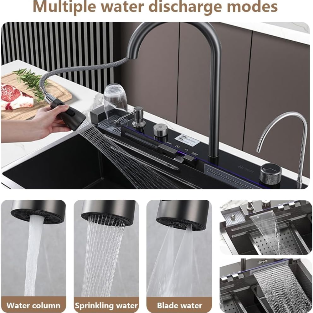 Black Modern Waterfall Kitchen Stainless Steel Sink 75x46x23cm One Bowl Sink With Tap Extendable And Accessories