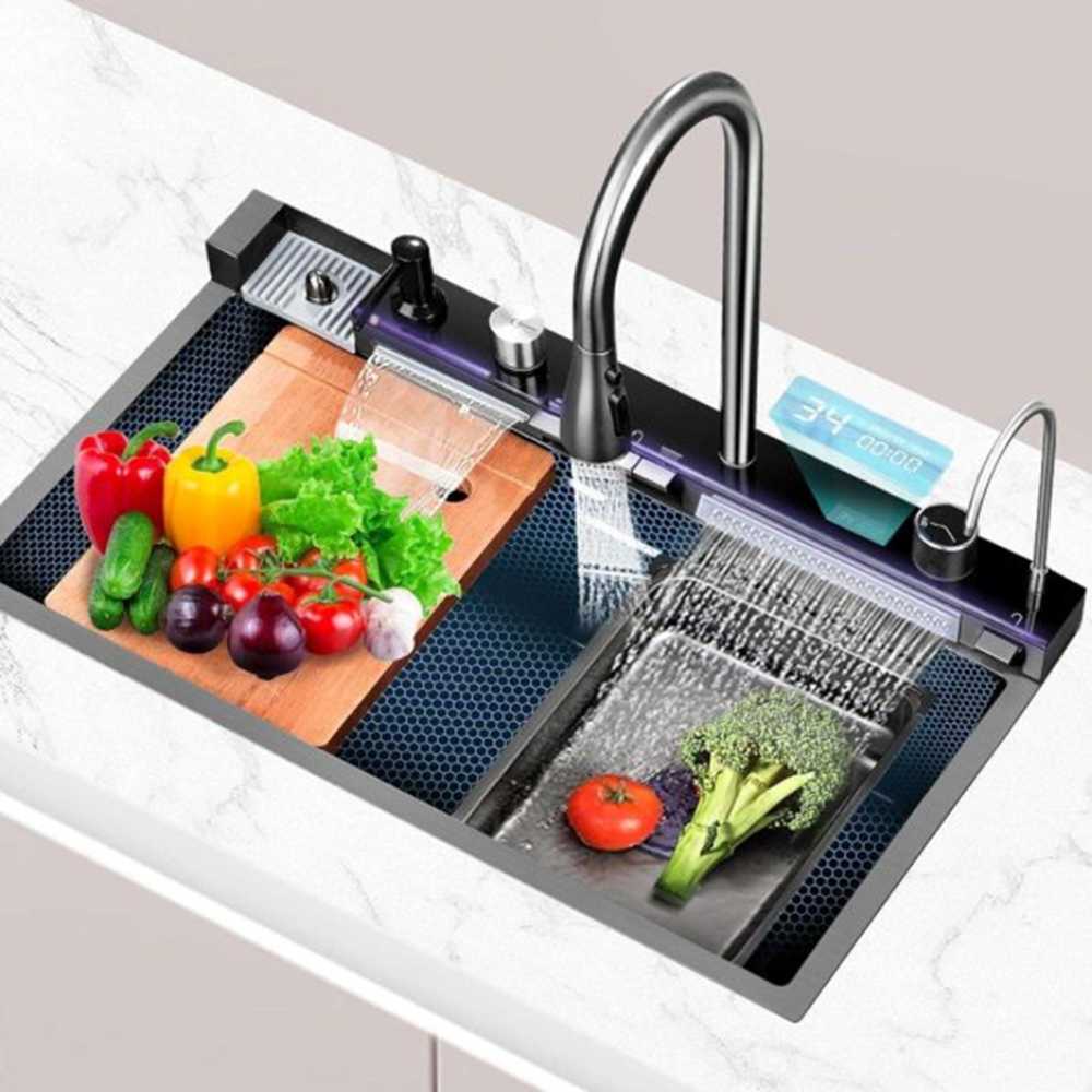 Black Modern Waterfall Kitchen Stainless Steel Sink 75x46x23cm One Bowl Sink With Tap Extendable And Accessories