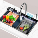 Black Modern Waterfall Kitchen Stainless Steel Sink 75x46x23cm One Bowl Sink With Tap Extendable And Accessories