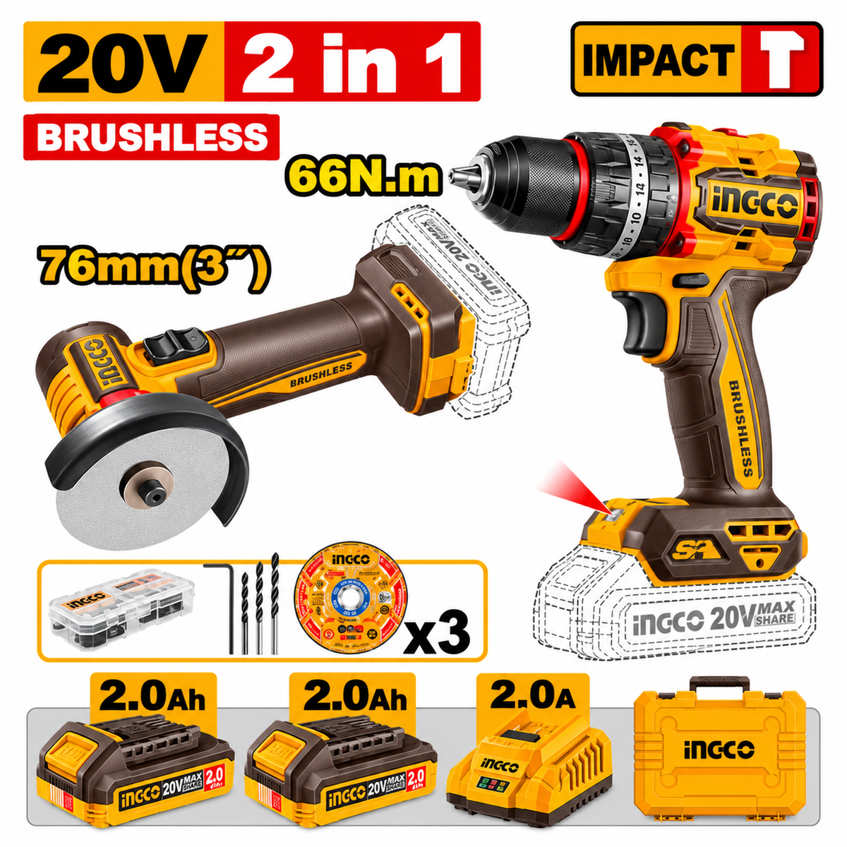 Ingco 20V Cordless Mini Cut-Off Tool & Brushless Impact Drill Combo Kit with 2 × 2.0Ah Batteries & Charger - CKLI20255
